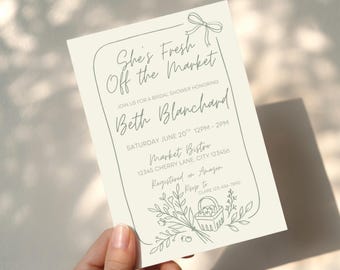 Editable Fresh She's Off the Market Invitation | Fresh Farmers Market Theme Bridal Brunch Invite | Cottage Core Whimsical Weddingshower