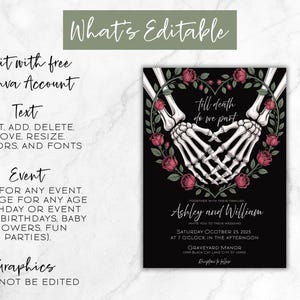 May include: Black wedding invitation with skeleton hands forming a heart shape, surrounded by red roses. The text "Till death do we part" is above the couple's names. The invitation includes event details and is editable with a Canva account.