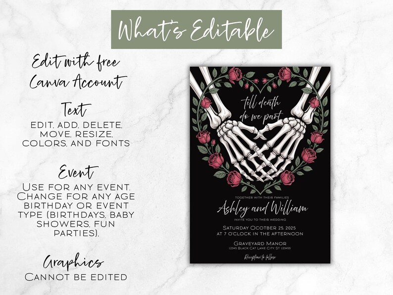 May include: Black wedding invitation with skeleton hands forming a heart shape, surrounded by red roses. The text "Till death do we part" is above the couple's names. The invitation includes event details and is editable with a Canva account.