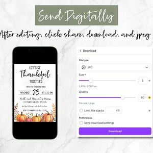 Peut inclure: Un smartphone affiche une invitation de Thanksgiving avec des citrouilles et des feuilles d'automne. L'invitation dit "Let's Be Thankful Together" avec la date du 23 novembre. L'&eacute;cran montre &eacute;galement les options de t&eacute;l&eacute;chargement pour un fichier JPG.