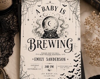 A Baby Is Brewing Baby Shower Invitation, Goth Shower Invite, Halloween Baby Evite, Witchy Baby Shower Canva Template