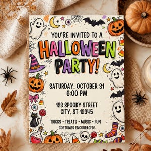 May include: A rectangular Halloween party invitation card featuring colorful text that reads: YOU'RE INVITATION TO A HALLOWEEN PARTY! SATURDAY, OCTOBER 31 6:00 PM 123 SPOOKY STREET CITY, ST 12345 TRICKS TREATS MUSIC FUN COSTUMES ENCOURAGED! Surrounded by illustrations.