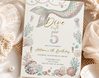 Dive Into Five Mermaid Invitation, Mermaid 5th Birthday Party, Mermaid Bash Invites, Shellebration Invite, Under the Sea Invite