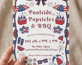 4th of July Pool Party Invitation, Red White and BBQ, Swim Party BBQ Invitation, Red White Blues Splish Splash Bash Summer Cookout