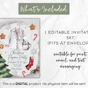 May include: Digital Christmas Pajama Party invitation, 5x7 inches, featuring a watercolor illustration of pajamas, a Christmas tree, and festive elements. Includes text: "Christmas Pajama Party". Suitable for print, email, and text messaging.
