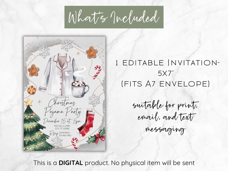 May include: Digital Christmas Pajama Party invitation, 5x7 inches, featuring a watercolor illustration of pajamas, a Christmas tree, and festive elements. Includes text: "Christmas Pajama Party". Suitable for print, email, and text messaging.