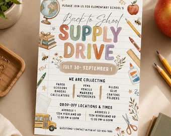 School Supply Drive Flyer, Back to School Flyer, Donation Flyer, Teacher Fundraiser, School Fundraiser, Community Drive, Open House