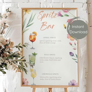Spritz Bar Schild | Aperol Spritz Schild | Getränke-Station-Schild | Braut Bar-Menü | Signatur Drink Sign | Blumen Bar Schild | Bearbeitbares Canva Zeichen