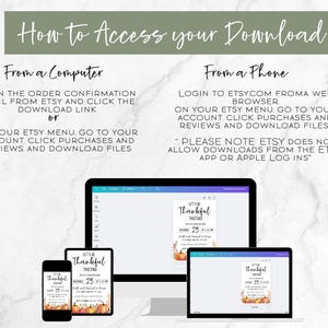 Peut inclure: Image pr&eacute;sentant des instructions pour acc&eacute;der &agrave; un t&eacute;l&eacute;chargement num&eacute;rique depuis Etsy. Le texte est affich&eacute; sur un ordinateur, une tablette et un t&eacute;l&eacute;phone. Les instructions sont divis&eacute;es en sections pour les ordinateurs et les t&eacute;l&eacute;phones.