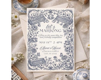 Watercolor Mahjong Game Night Invitation | Mah Jongg Party Invite | Mahjong Cocktails Club |Girls Game Night | Girl's Preppy Birthday