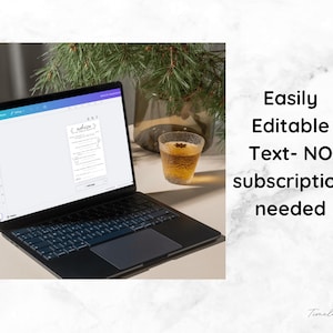 May include: A laptop with a lit screen displaying a document, next to a glass of tea. The text on the right says "Easily Editable Text- NO subscription needed". A sprig of greenery is in the background.