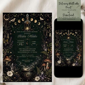 May include: A dark green baby shower invitation featuring a central potion bottle, a steaming cauldron, moon phases, and botanical illustrations. The text includes details for Elisha Marks on October 25th at The Willow Hollow, 123 Moonrise Lane.