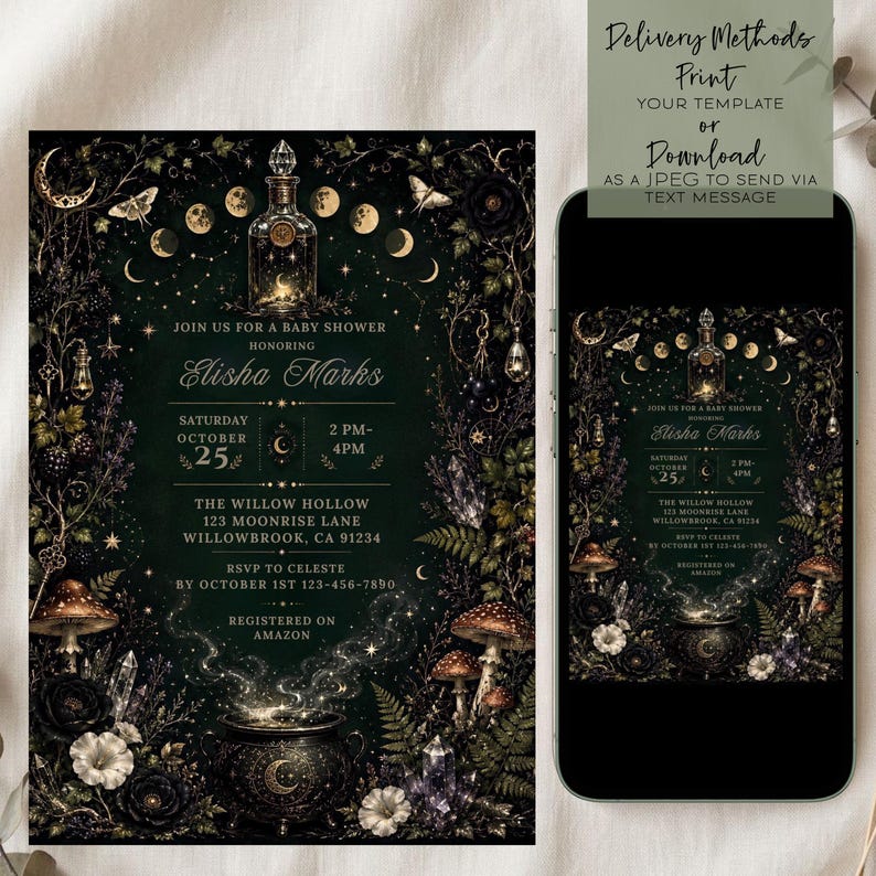 May include: A dark green baby shower invitation featuring a central potion bottle, a steaming cauldron, moon phases, and botanical illustrations. The text includes details for Elisha Marks on October 25th at The Willow Hollow, 123 Moonrise Lane.