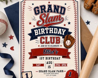 Grand Slam Little Slugger Bday, Boy Sport Invitation, Rookie Year Birthday, Baseball 1st All Star Party, Kids Ballgame Birthday Theme