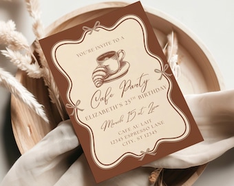 Editable Cafe Birthday Invitation | Hand drawn Cozy Coffee Shop | Coffee Espresso Latte Lover Flyer | Paris 25th Party