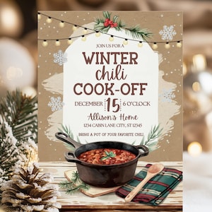 Peut inclure: Invitation pour un concours de chili d'hiver avec le texte "Winter Chili Cook-Off" et les détails de l'événement. L'invitation comprend une illustration à l'aquarelle d'un pot de chili, une cuillère en bois et une serviette à carreaux.