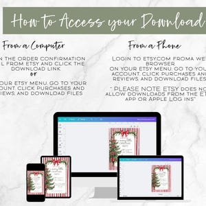 Puede incluir: Imagen que muestra instrucciones sobre c&oacute;mo acceder a una descarga digital desde Etsy. El texto se muestra sobre un fondo verde claro. Las instrucciones se muestran en una computadora, tableta y tel&eacute;fono. El texto dice "C&oacute;mo acceder a su descarga" y proporciona pasos para computadora y tel&eacute;fono.