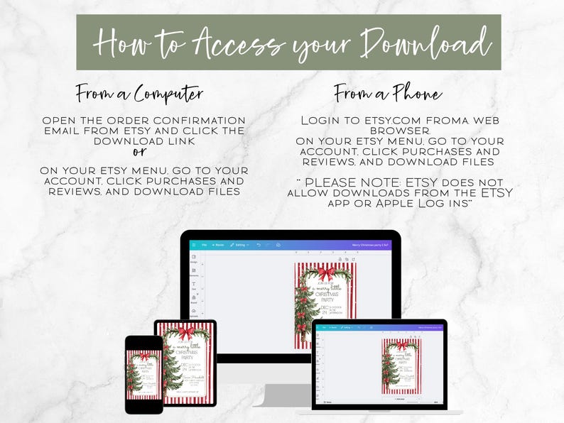 Puede incluir: Imagen que muestra instrucciones sobre c&oacute;mo acceder a una descarga digital desde Etsy. El texto se muestra sobre un fondo verde claro. Las instrucciones se muestran en una computadora, tableta y tel&eacute;fono. El texto dice "C&oacute;mo acceder a su descarga" y proporciona pasos para computadora y tel&eacute;fono.