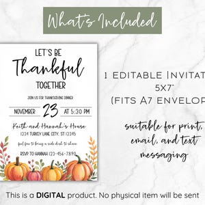 Peut inclure: Invitation de Thanksgiving avec le texte &laquo;&nbsp;Soyons reconnaissants ensemble&nbsp;&raquo;. L'invitation comprend la date, l'heure et le lieu. Elle pr&eacute;sente des citrouilles et du feuillage d'automne. Le texte &laquo;&nbsp;Ce qui est inclus&nbsp;&raquo; est en haut.