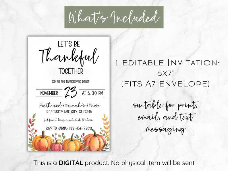 Peut inclure: Invitation de Thanksgiving avec le texte &laquo;&nbsp;Soyons reconnaissants ensemble&nbsp;&raquo;. L'invitation comprend la date, l'heure et le lieu. Elle pr&eacute;sente des citrouilles et du feuillage d'automne. Le texte &laquo;&nbsp;Ce qui est inclus&nbsp;&raquo; est en haut.