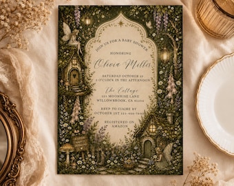 Cottagecore Fairy Baby Shower Invitation, Enchanted Garden Baby Shower, Woodland Shower, Magical Gold Fairy Shower, Storybook Theme