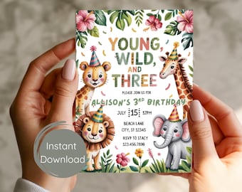 Young Wild and Three Safari Birthday Invitation | Safari 3rd Birthday | Jungle Animals Invitation | Kid Bday Invite | Editable Invite