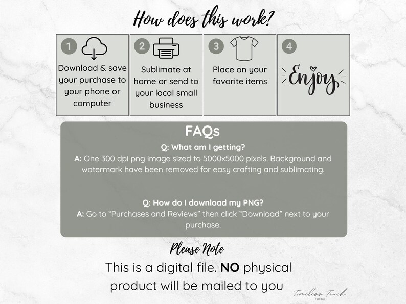 May include: Informational graphic with the text "How does this work?" and instructions for downloading, sublimating, and using a digital file. Includes FAQs about the image size and download process. The image also states that it is a digital file and no physical product will be mailed.