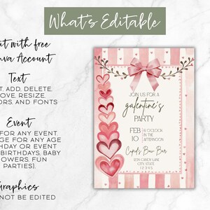 May include: A Valentine's Day party invitation with a pink and white striped background. The invitation features a pink bow, hearts, and text that reads "Join us for a Galentine's Party". The text is editable with a Canva account.