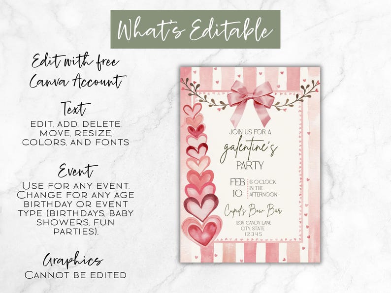 May include: A Valentine's Day party invitation with a pink and white striped background. The invitation features a pink bow, hearts, and text that reads "Join us for a Galentine's Party". The text is editable with a Canva account.