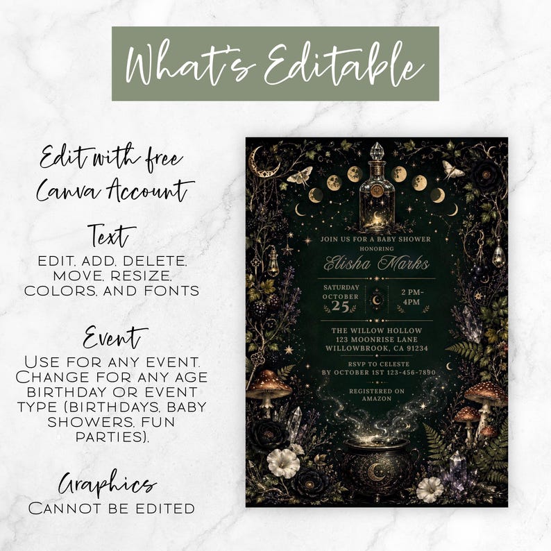 May include: A digital invitation template featuring a dark forest theme with a central potion bottle, moon phases, mushrooms, and a cauldron. The text includes 'What's Editable', 'Edit with free Canva Account', 'Text', 'Event', and 'Graphics Cannot Be Edited'.
