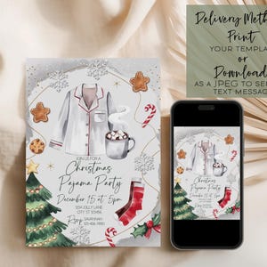 May include: Christmas Pajama Party invitation with watercolor illustrations of pajamas, a Christmas tree, gingerbread cookies, and candy canes. The invitation includes the text "Join us for a Christmas Pajama Party December 15 at 5pm". A smartphone displays the invitation.