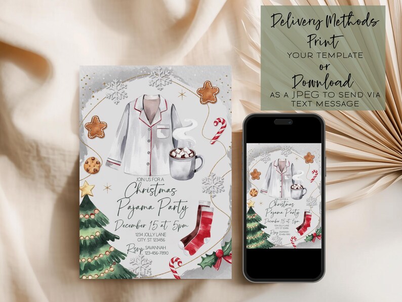 May include: Christmas Pajama Party invitation with watercolor illustrations of pajamas, a Christmas tree, gingerbread cookies, and candy canes. The invitation includes the text "Join us for a Christmas Pajama Party December 15 at 5pm". A smartphone displays the invitation.