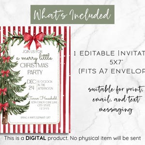 Puede incluir: Invitaci&oacute;n a una fiesta de Navidad con un fondo a rayas rojas y blancas. La invitaci&oacute;n presenta un &aacute;rbol de Navidad en acuarela y un lazo rojo. El texto incluye "a merry little Christmas party" y detalles del evento.