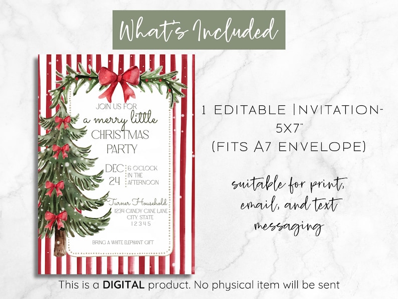 Puede incluir: Invitaci&oacute;n a una fiesta de Navidad con un fondo a rayas rojas y blancas. La invitaci&oacute;n presenta un &aacute;rbol de Navidad en acuarela y un lazo rojo. El texto incluye "a merry little Christmas party" y detalles del evento.