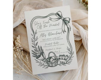 Editable Fresh She's Off the Market Invitation | Fresh Farmers Market Theme Bridal Brunch Invite | Cottage Core Whimsical Weddingshower