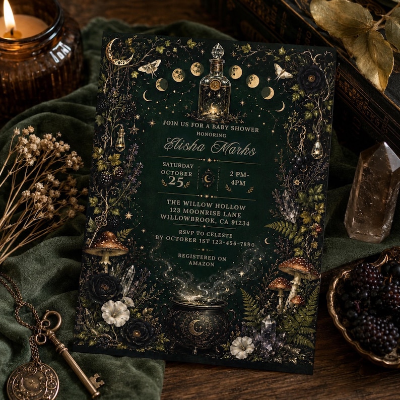 May include: A rectangular baby shower invitation card with a dark green background featuring gold celestial and botanical illustrations, including a potion bottle, a cauldron, mushrooms, and moon phases, with white text detailing event information.