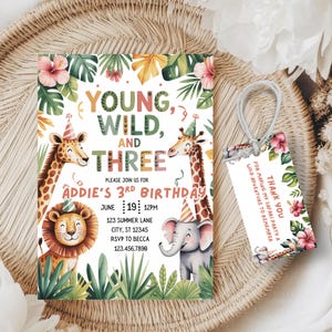 Invitación de cumpleaños de safari para niños pequeños y tres niños pequeños / Safari para tercer cumpleaños / Invitación de animales de la selva / Invitación de cumpleaños para niños / Invitación editable