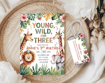 Young Wild and Three Safari Birthday Invitation | Safari 3rd Birthday | Jungle Animals Invitation | Kid Bday Invite | Editable Invite