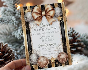 May include: New Year's Eve invitation with a gold bow, disco balls, and stars. The invitation reads "Cheers to the New Year" and includes event details. The design features black and gold stripes.