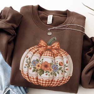 May include: A brown sweatshirt featuring a decorative pumpkin design. The pumpkin has a plaid pattern, a bow, and floral accents. A silver necklace with a small charm is draped across the sweatshirt.