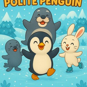Może przedstawiać: Ilustracja dla dzieci z pingwinem, fokami i królikiem na łyżwach. Tekst na górze brzmi "PENNY THE POLITE PENGUIN". Na dole widnieje napis "By TEESWORLD CREATION". Tło jest jasnoniebieskie z płatkami śniegu.