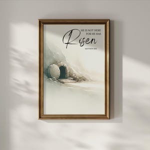 May include: A watercolor painting of a stone tomb with an open doorway. The text "He is not here for he has risen. Matthew 28:6" is written above the tomb.
