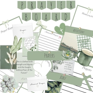 May include: A prayer board collage in green and white. The board features the words "PRAYER BOARD" at the top, alongside cards, notes, and decorative elements like a butterfly, a heart, and a mug. The theme is faith and reflection, with inspirational quotes.