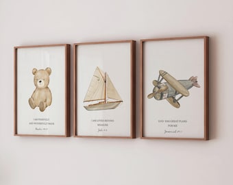 Set of 3, Christian Nursery Wall Art, Kids Bible Verse Art,  Bible Verse Wall Art, Scripture Wall Art, Christian Boy Nursery Wall Art