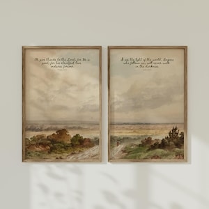 May include: Two framed prints with watercolour landscapes and inspirational quotes. The first print features a quote from Psalm 106:1, "Oh give thanks to the Lord, for He is good; for his steadfast love endures forever." The second print features a quote from John 8:12, "I am the light of the world. Anyone who follows me, will never walk in the darkness."