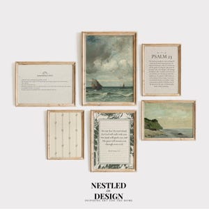 May include: A set of framed art prints with diverse designs. The prints feature a seascape, text from Psalm 23, and other inspirational quotes. The frames are a light brown hue, and the overall aesthetic is vintage and calming.