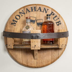 Whiskey Barrel Bar Cabinet | Rustic Home Bar & Drink Storage | Personalized Liquor Cabinet | Bourbon Barrel Bar Furniture| Barrel Head Shelf
