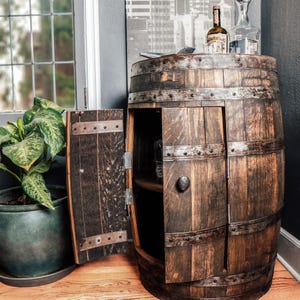 Whiskey Barrel Bar Cabinet | Rustic Home Bar & Drink Storage | Personalized Liquor Cabinet | Bourbon Barrel Bar Furniture
