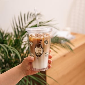 Aesthetic Coffee Tumbler | Cute Acrylic Iced Coffee Cup with Lid & Straw |  Minimalist Cold Brew Cup | Coffee Lover Gift