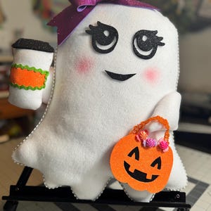 Cute Halloween Ghost Wreath Attachment – Pumpkin Spice, Trick-or-Treat Ghost with Coffee & Pumpkin Pail | Door Hanger Accessory  Custom made